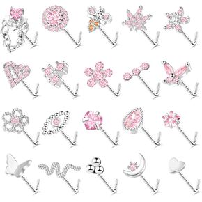 ONESING 20Pcs Nose Studs L Shaped 20G Nose Rings Studs Stainless Steel Stud Nose Rings for women Butterfly Flower Star Moon Heart Nose Piercings Hypoallergenic Body Piercing Jewelry for Women Men