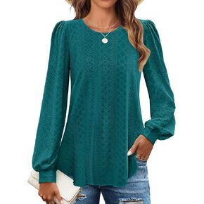 ZESICA Long Sleeve Eyelet Tops for Womens Crew Neck Fall Shirts Casual Loose Blouses 2024 Trendy Clothes