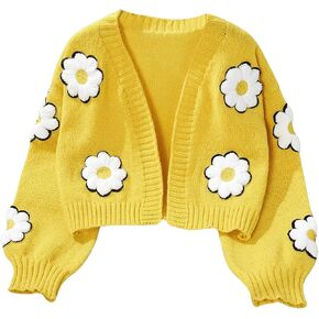 Floerns Girl's Flower Bishop Long Sleeve Cute Cardigan Knitted Open Front Sweater