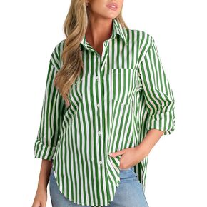 Womens Long Sleeve Striped Button Down Shirts Boyfriend Collared Blouses Tunic Tops with Pocket