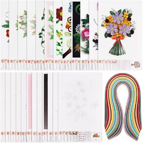 AHANDMAKER 12 Pcs Quilling Paper Stencils with 36 Colors 360 Strips Flower/Bird Pattern Cardboard DIY Paper Quilling Tools Drawing Handcraft Tool