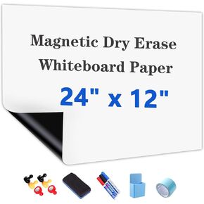 Magnetic White Board Paper, 24"x 12" Dry Erase Board for Wall, Self Adhesive Whiteboard Paper Set for Office, Conference Room, Classroom, Home, Include Marker, Magnetic Eraser and Magnets