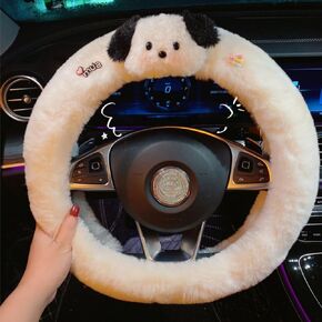 Car Steering Universal 15 inch Wheel Pacha Dog Cover with Fluffy Gear Shift Cover Soft Warm Non-Slip Car Decoration for Women Girls (A)