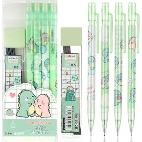 4 Pcs Cute Mechanical Pencil Set, Including 0.5mm Cartoon Green Mechanical Pencils with 1 Tubes Refills Stationary Back to School Office Supplies for Writing Drawing Sketching