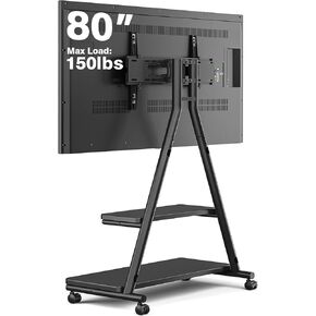 Rfiver Upgraded Rolling TV Stand for 43-80 Inch TVs up to 150lbs, ±12° Tilt & ±25° Swivel Adjustment Mobile TV Stand with Silent Wheel, Outdoor TV Stand with Dual Storage Shelf for Living Room, Brown