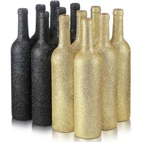Sliner 12 Pcs Wine Bottles Glass 750ml Glitter Wine Bottles Vintage Bottles Vase for Flowers Wedding Decor Centerpiece Halloween Party Favor DIY Crafts(Black, Gold)