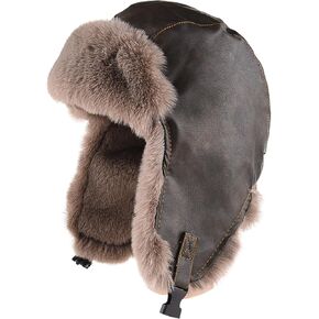 Peicees Trapper Hat for Men Women Winter Leather Fur Hat with Ear Flaps Warmer Waterproof Russian Ushanka for Cold Weather