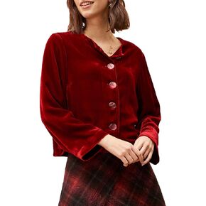 Women's Velvet Blazer Cardigan Crew Neck Button Front Business Work Party Suit Top Jacket