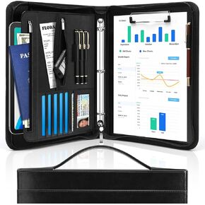 Padfolio Portfolio Organizer Binder with Zipper and Hidden Handle, PU Leather Portfolio Folder for Documents, Business Card Holder, Notepad Padfolio for Men&Women, Letter Size A4 Writing Pad.
