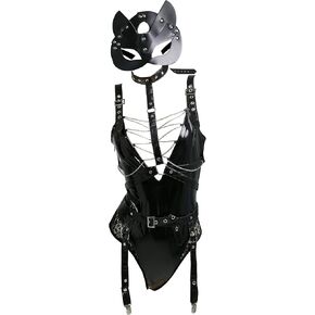 MEOWCOS Women’s Bodysuit Lingerie One-Piece Bodysuit Sleepwear Cosplay Costume Outfit with Mask Stockings