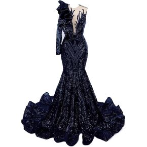 Deep V-Neck Shiny Sequined Mermaid Long Prom One Shoulder Chapel Train Evening Shower Party Dress Women's Ball Gowns