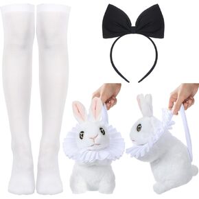 3 Pcs Halloween Costume Accessories for Women Black Bow Headband Rabbit Purse White Over the Knee Socks for Halloween Cosplay Party