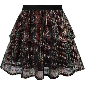 Girls Sequin Skirt Sparkle Pleated Party Skirt Elastic Waist 2-Layer Ruffle Skirt Kids Teen Shiny Dance Outfits 6-14Y