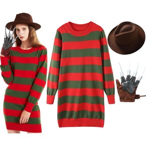 eforpretty Halloween Costume for Women Knitted Sweater Dress with Brown Hat and Leather Glove Set