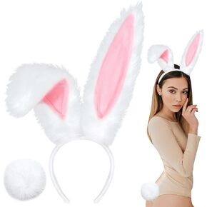 U-Goforst White Bunny Ears Headbands and Tail, Long Furry Rabbit Ear Headband, Halloween Party Cosplay Headwear Bunny Ears Costume Hair Accessories for Adult Women