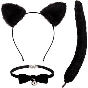 Cat Ears Headband with Tail and Bell Collar Set Furry Black Cat Ears Headband for Women Girls Halloween Cosplay Dress Up Party Costume Accessories