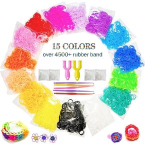 MEGANEOPRE 4500+Pcs Loom Bracelet Bands Refill Kit in 15 Color with 200 Clips, 5 Hooks, 1 Loom, Premium Rubber Band Bracelet Kit Bracelet Making Kit for Bracelet Making DIY Crafting Gift (4700+)