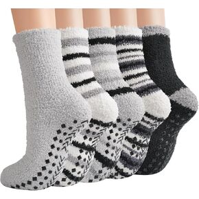 Toes Home Fuzzy Socks Men with Grips, Winter Fluffy Slipper Socks Hospital Cozy Warm Non-slip Thick 5 Pairs