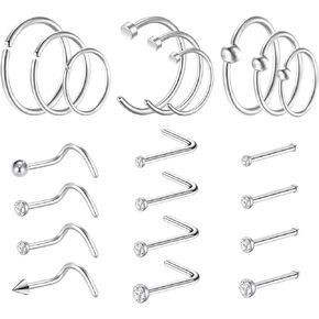 21Pcs Surgical Steel Nose Ring 20G Small Nose Stud Nose Rings Studs Hypoallergenic Nose Rings for Women Men Nose Piercing Jewelry L Shaped Nose Ring Hoops Sliver 8mm/10mm/12mm