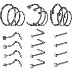 21Pcs Surgical Steel Nose Ring 20G Small Nose Stud Nose Rings Studs Hypoallergenic Nose Rings for Women Men Nose Piercing Jewelry L Shaped Nose Ring Hoops Sliver 8mm/10mm/12mm