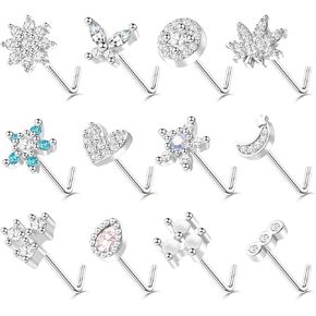 ONESING 12Pcs 20G Nose Rings L Shaped Stainless Steel Nose Stud Set with Flower Butterfly Moon Nose Rings Stud Body Piercing Jewelry for Women Men