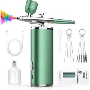 Airbrush Kit with Compressor - Rechargeable Cordless Airbrush for Nails Paint Tattoo Art Makeup Painting Cake Decor Non-Clogging High-Pressure Air Brush Set with 0.3mm Nozzle (Green)