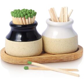 FreeJac Set of 2 Ceramic Match Holder with Striker for Cute and Fancy Matches - Match Container With Wooden Tray Matchstick Holder for Kitchen Bathroom Candle Parlor Modern Home Decor