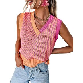 MARZXIN Women Sleeveless Sweater V Neck Casual 2024 Fall Knitted Chevron V Neck Sweater Vest Color Block Pullover Sweater Top
