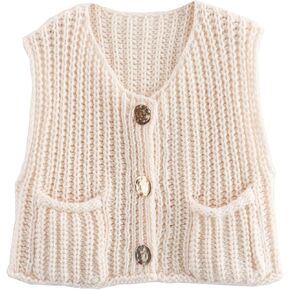 XZG Women's Sleeveless Knit Sweater Vest Trendy Button Down Crochet Crop Tops Chunky Knit Cardigan Vest Top with 2 Pockets