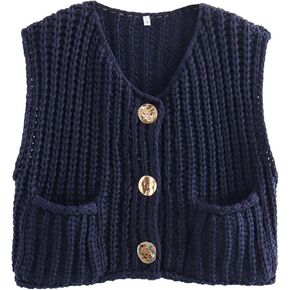 Arssm Women Button Down Chunky Sweater Vest Sleeveless Crop Knit Cardigan Cropped Knitted Sweater Vest