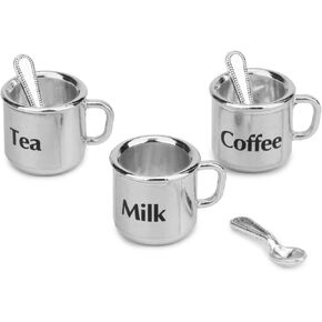 Dollhouse Miniature Cups with Spoons 6PCS 1/12 Metal Cups Doll House Accessories 3 Cups 3 Spoons of Coffee Cup & Tea Cup & Milk Cup Living Room Kitchen Fairy Garden Scene Decoration