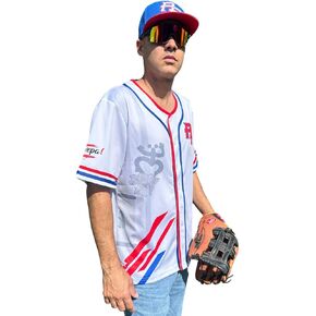 TAINOWEARS Puerto Rico #21 Embroidery Baseball Jersey Coqui Wepa, Embroidery Button Jersey Vneck Short Sleeve White Red Blue