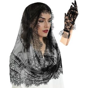 2 Pcs Black Lace Veil Church Mantilla Catholic Veil Bridal Wedding Veils Halloween Veil Gloves