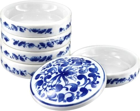 QWORK 5-Layer Ceramic Mixing Trays Set, Round Porcelain Watercolor Palettes and Sauce Dishes with Blue Patterns, Ideal for Art Lovers and Jewelry Storage in Saudi Arabia