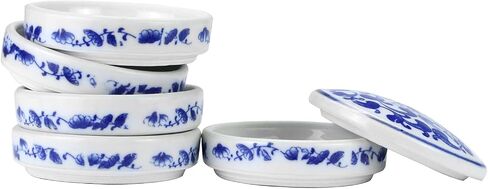 QWORK 5-Layer Ceramic Mixing Trays Set, Round Porcelain Watercolor Palettes and Sauce Dishes with Blue Patterns, Ideal for Art Lovers and Jewelry Storage in Saudi Arabia