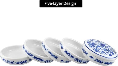 QWORK 5-Layer Ceramic Mixing Trays Set, Round Porcelain Watercolor Palettes and Sauce Dishes with Blue Patterns, Ideal for Art Lovers and Jewelry Storage in Saudi Arabia