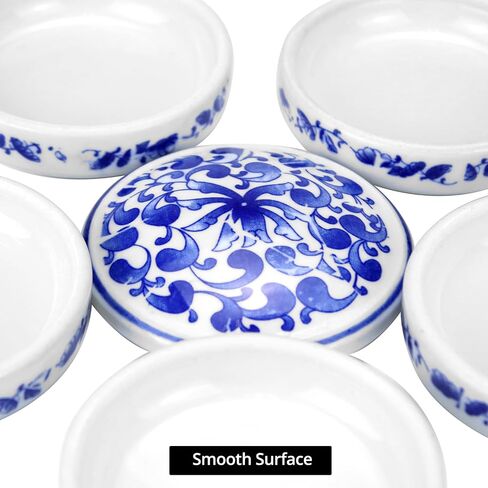 QWORK 5-Layer Ceramic Mixing Trays Set, Round Porcelain Watercolor Palettes and Sauce Dishes with Blue Patterns, Ideal for Art Lovers and Jewelry Storage in Saudi Arabia