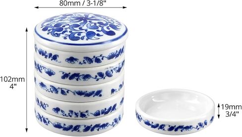 QWORK 5-Layer Ceramic Mixing Trays Set, Round Porcelain Watercolor Palettes and Sauce Dishes with Blue Patterns, Ideal for Art Lovers and Jewelry Storage in Saudi Arabia