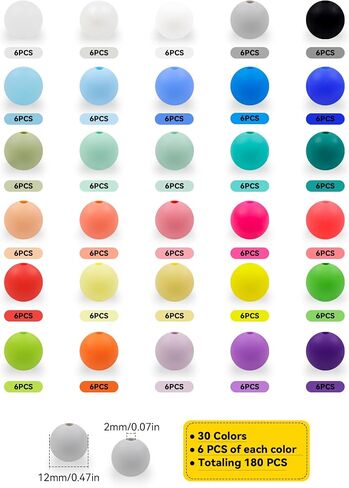 180PCS FIVEIZERO Silicone Beads, 30 Colors 12mm Silicone Beads Focal Beads Rubber Round Beads Mixed Color Silicone Lentil Beads Bulk for DIY and Keychain Accessories Silicone Beads Crafts Making in Kuwait