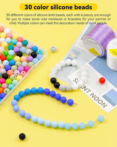 180PCS FIVEIZERO Silicone Beads, 30 Colors 12mm Silicone Beads Focal Beads Rubber Round Beads Mixed Color Silicone Lentil Beads Bulk for DIY and Keychain Accessories Silicone Beads Crafts Making in Kuwait