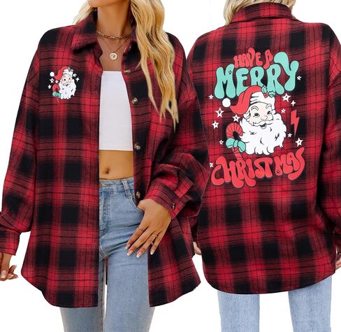Christmas Plaid Blouses Women Xmas Santa Long Sleeve Shirt Checked Cute Christmas Collared Button Down Tops in Kuwait