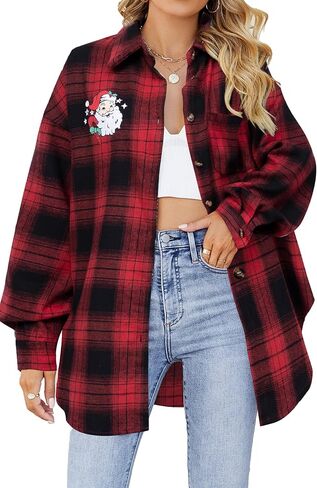 Christmas Plaid Blouses Women Xmas Santa Long Sleeve Shirt Checked Cute Christmas Collared Button Down Tops in Kuwait
