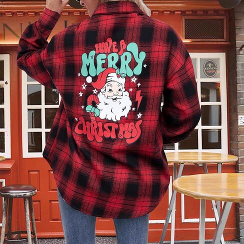 Christmas Plaid Blouses Women Xmas Santa Long Sleeve Shirt Checked Cute Christmas Collared Button Down Tops in Kuwait