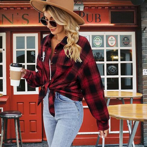 Christmas Plaid Blouses Women Xmas Santa Long Sleeve Shirt Checked Cute Christmas Collared Button Down Tops in Kuwait