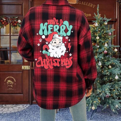 Christmas Plaid Blouses Women Xmas Santa Long Sleeve Shirt Checked Cute Christmas Collared Button Down Tops in Kuwait
