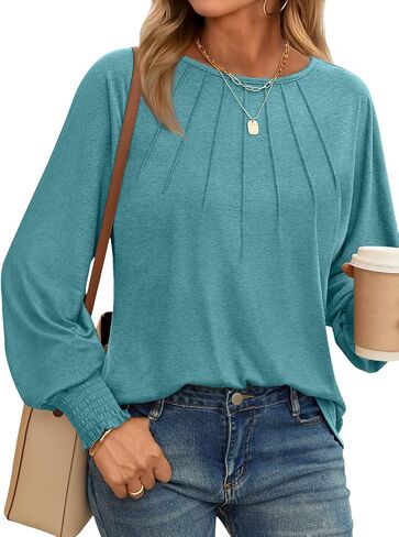 AUTOMET Womens Fall Fashion Long Sleeve Shirts Fall Tops Pleated Shirts Casual Loose Dressy Basic Trendy Clothes 2024 in Saudi Arabia