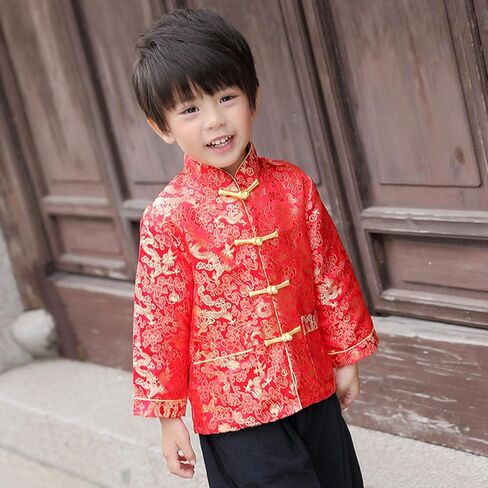 Boy Tang Suit Dragon Long Sleeve Shirt Chinese New Year Outfit Chinese Traditional Clothes for Kids in Kuwait