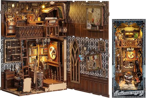 مجموعة زوايا الكتب DIY للبالغين - بيت دمية مصغر DIY مع ضوء LED وغطاء غبار - إدراج رف كتب صغير لبيت الدمية - هدايا ديكور رف الكتب (مكتب المباحث) in Kuwait