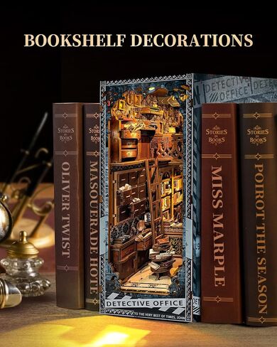 مجموعة زوايا الكتب DIY للبالغين - بيت دمية مصغر DIY مع ضوء LED وغطاء غبار - إدراج رف كتب صغير لبيت الدمية - هدايا ديكور رف الكتب (مكتب المباحث) in Kuwait