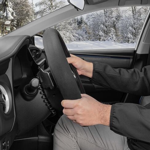 غطاء عجلة القيادة المسخن من Motor Trend WarmGrip - واقي عجلة القيادة لتدفئة اليد، يسخن بسرعة - يناسب العجلات 14.5-15.5 بوصة لسيارة شاحنة فان SUV (أسود/رمادي اللون) in Kuwait